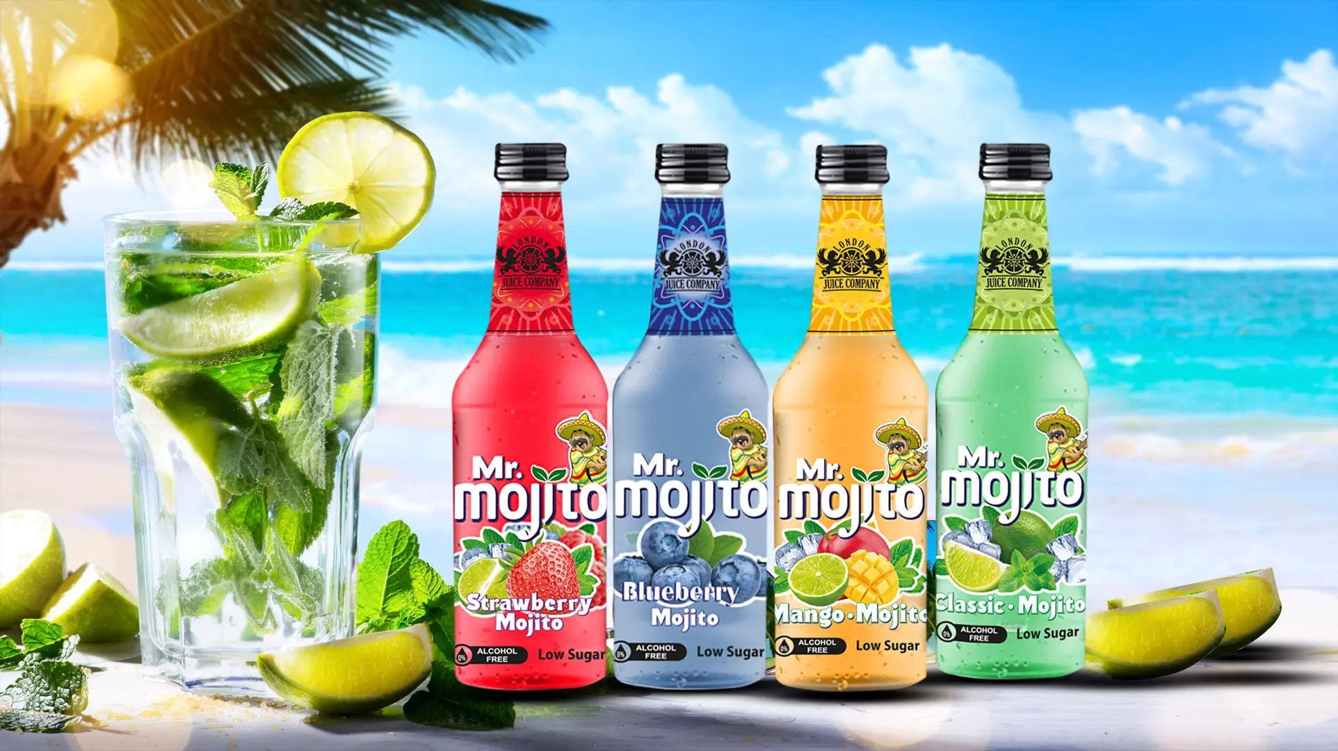 Mr. Mojito mojito drinks in Strawberry, Blueberry, Raspberry, Pineapple, Mango, Classic, and Watermelon flavours displayed on a tropical beach background.